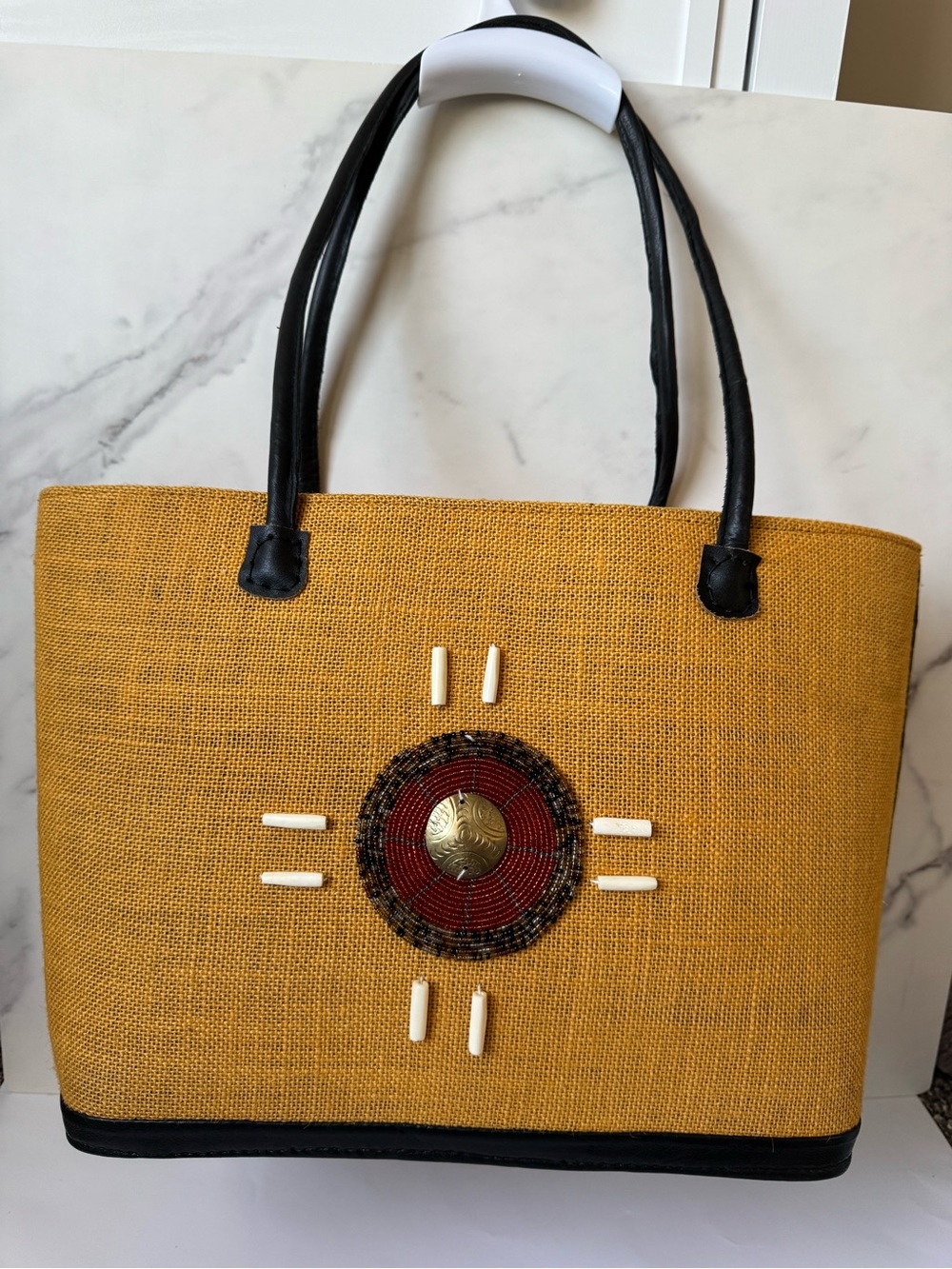 Mustard Straw Tote with Beaded Medallion and Black Handles